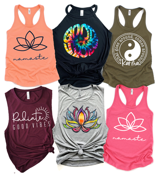 Good Vibes Boho Karma Yoga Studio Work Out Gym Graphic Tanks