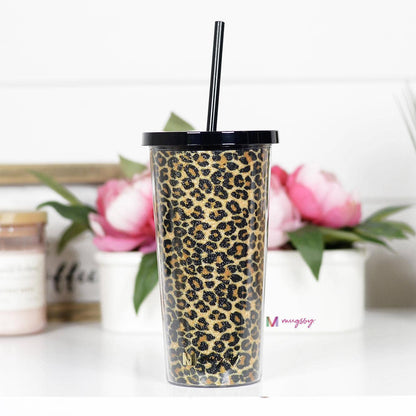 Brown Leopard Tumbler with Straw