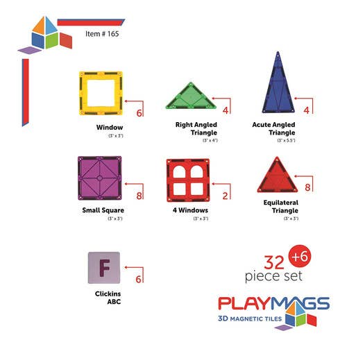 Playmags 32 + 6 Piece Set: Now with Stronger Magnets, Sturdy