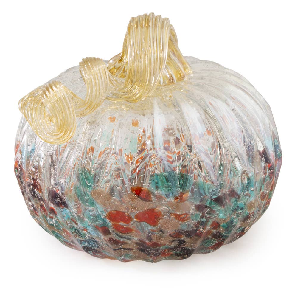 5" Dia Mottled Glass Pumpkin Orange Teal & Mauve Fall