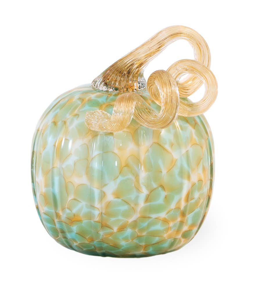 5.5" Tall Green & Gold Glass Pumpkin w/ Gold Stem Fall Décor